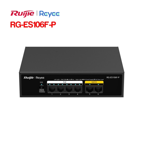 RUIJIE RG-ES106F-P - 1RUIJIE RG-ES106F-P - 2RUIJIE RG-ES106F-P - 3 RUIJIE RG-ES106F-PRUIJIE RG-ES106F-P - 1RUIJIE RG-ES106F-P - 2RUIJIE RG-ES106F-P - 3 Unmanaged switch 4 cổng PoE RUIJIE RG-ES106F-P
