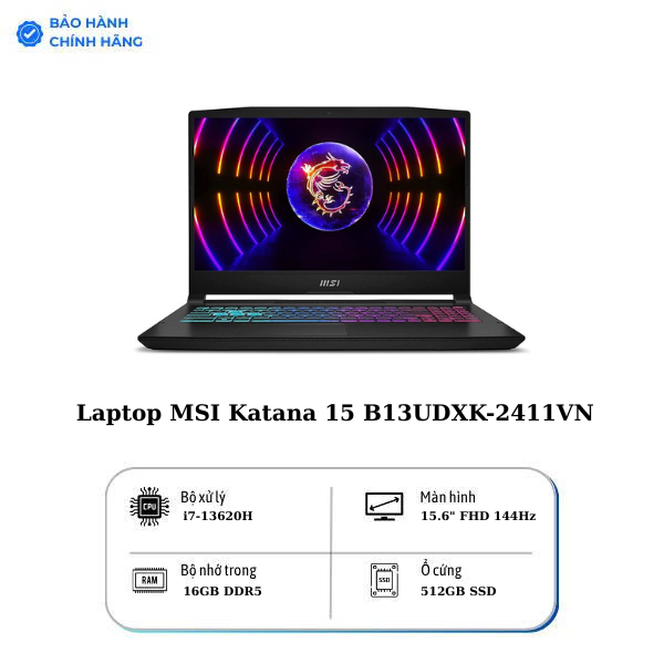 Laptop MSI Katana 15 B13UDXK-2411VN (Core™ i7-13620H | 16GB | 512GB | RTX 3050 6GB | 15.6inch FHD, 144Hz | Win 11 | Đen)