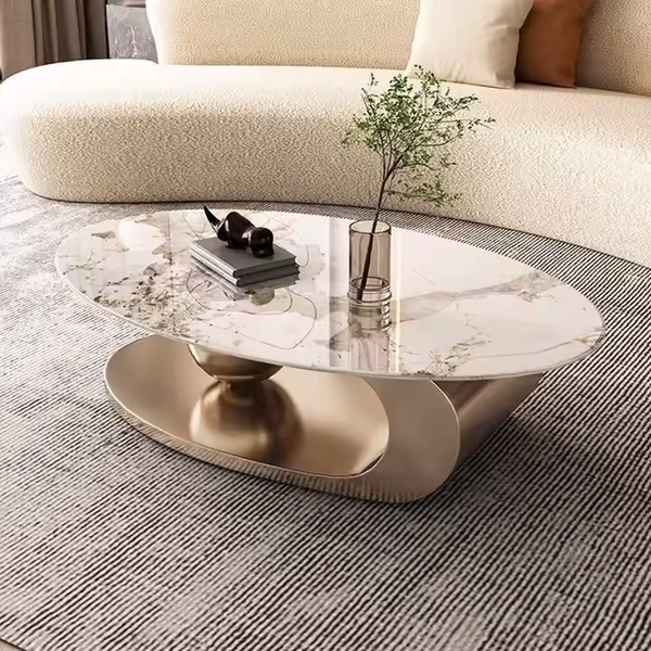 bàn trà mặt đá ceramic hình vòm mạ vàng hiện đại, sang chảnh