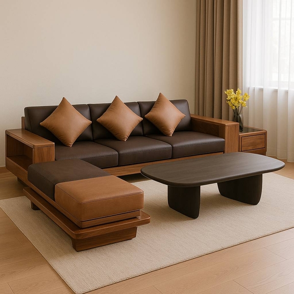 Sofa gỗ Viking (chữ I) kết hợp với Bàn Trà Tobi Ishi trong phòng khách hiện đại