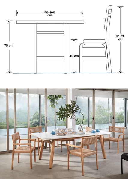 chiều cao và độ sâu lý tưởng của ghế ăn so với bàn, thể hiện tư thế ngồi đúng