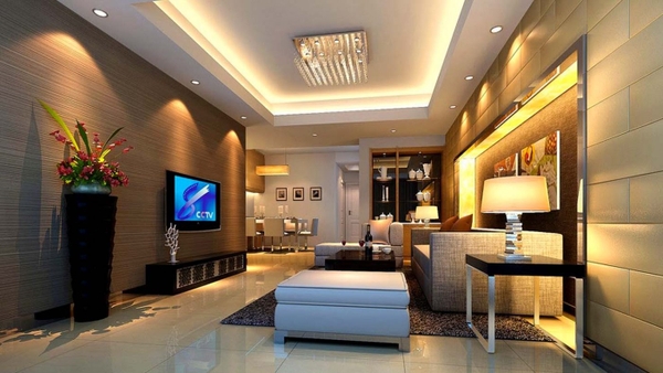 Phòng khách hiện đại với sofa góc và kệ sách trang trí đèn LED ánh sáng vàng ấm áp