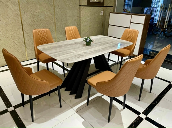 Bộ bàn ăn mặt đá marble với ghế armber phiên bản cam