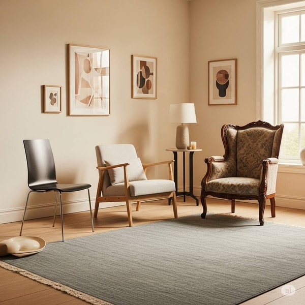 Ghế thư giãn bọc vải nỉ màu trung tính phối cùng sofa xám nhạt