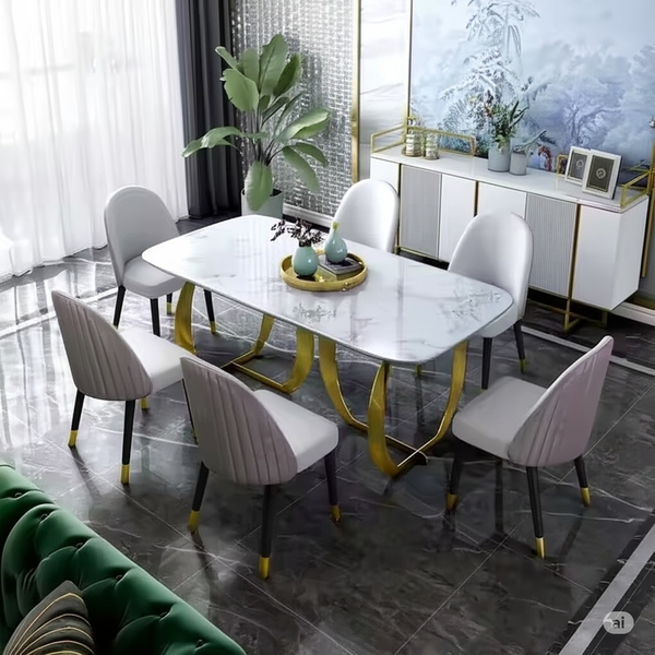 Bộ bàn ăn mạ vàng 6 ghế mặt đá ceramic sang trọng