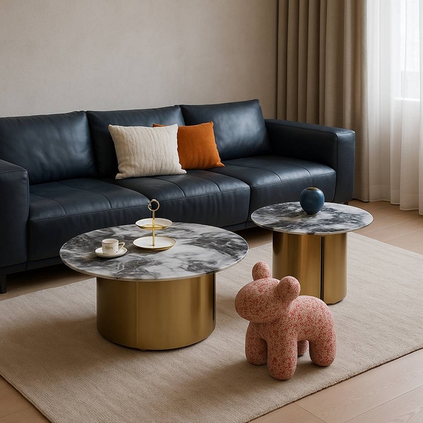 Sofa da văng Miroco kết hợp với Cặp bàn trà chân inox mạ vàng - BT114