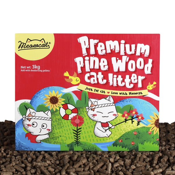 Meowcat- Cát gỗ viên nén với than hoạt tính 3kg/ Pine wood cat litter with deodorzing pellets 3kg