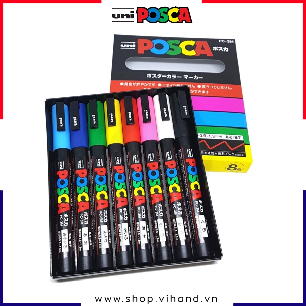 Bút sơn vẽ đa chất liệu Uni Posca Paint Marker PC-3M Fine - Set 8 màu