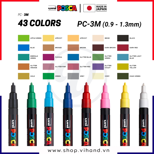 Bút sơn vẽ đa chất liệu Uni Posca PC-3M - Ngòi 0.9 - 1.3mm (Cây lẻ)