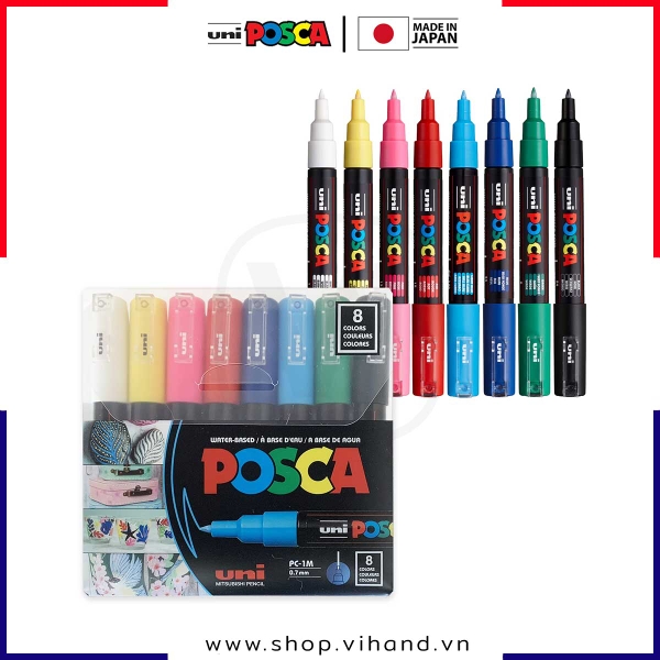 Bút sơn vẽ đa chất liệu Uni Posca Paint Marker PC-1M Extra Fine - Set 8 màu