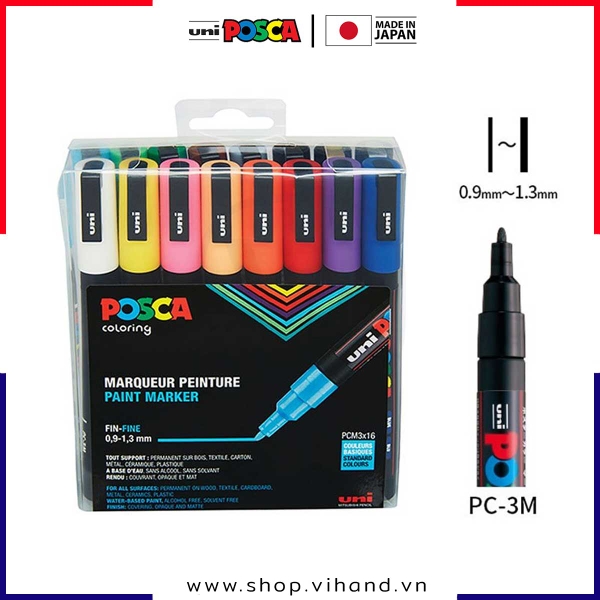 Bút sơn vẽ đa chất liệu Uni Posca Paint Marker PC-3M Fine - Set 16 màu