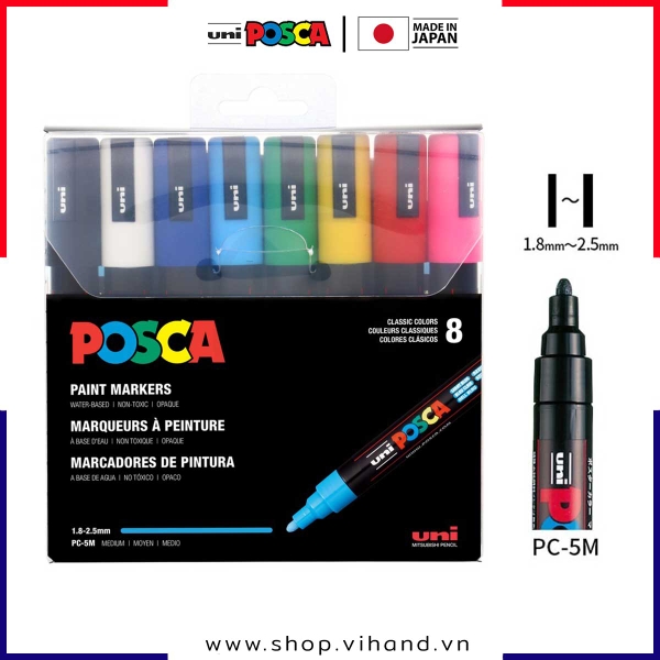 Bút sơn vẽ đa chất liệu Uni Posca Paint Marker PC-5M Medium - SET 8 màu