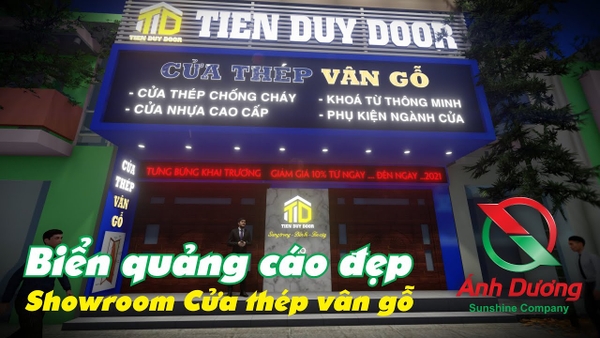 Mẫu biển quảng cáo đẹp cho showroom cửa thép vân gỗ | quảng cáo ánh dương lào cai | quangcaoanhduong.vn