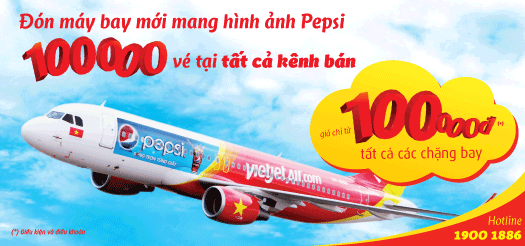 Đón máy bay mới mang biểu tượng Pepsi: 100,000 cơ hội bay với VietJetAir, giá chỉ từ 100,000 đồng