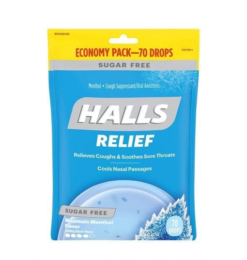 HALLS - COUGH & THROAT RELIEF MOUNTAIN MENTHOL FLAVOR (KẸO HO THÔNG CỔ, MÁT HỌNG 70 VIÊN)