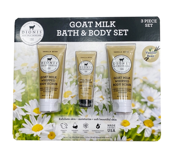 DIONIS GOAT MILK SKINCARE - GOAT MILK BATH & BODY SET VANILLA BEAN (SET DƯỠNG DA SỮA DÊ HƯƠNG VANILLA 2x59ml, 1x28G)