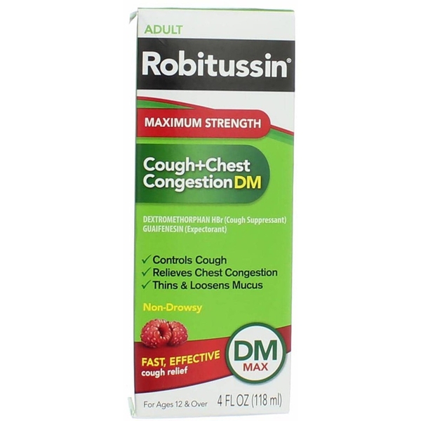 ROBITUSSIN - MAXIMUM STRENGTH COUGH + CHEST CONGESTION DM (SIRO TRỊ HO, TẮT NGHẼN NGỰC BAN NGÀY 118ml)