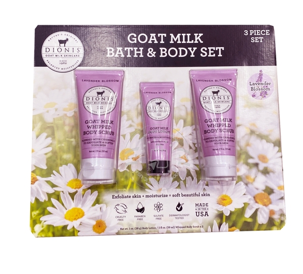 DIONIS GOAT MILK SKINCARE - GOAT MILK BATH & BODY SET LAVENDER BLOSSOM (SET DƯỠNG SỮA DÊ HƯƠNG LAVENDER 2x59ml, 1x28G)