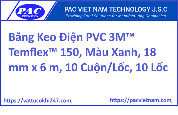 Băng Keo Điện PVC 3M™ Temflex™ 150, Màu Xanh, 18 mm x 6 m, 10 Cuộn/Lốc, 10 Lốc/Thùng