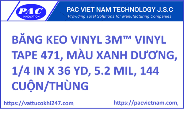 BĂNG KEO VINYL 3M™ VINYL TAPE 471, MÀU XANH DƯƠNG, 1/4 IN X 36 YD, 5.2 MIL, 144 CUỘN/THÙNG