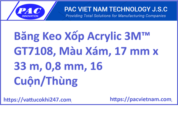 Băng Keo Xốp Acrylic 3M™ GT7108, Màu Xám, 17 mm x 33 m, 0,8 mm, 16 Cuộn/Thùng