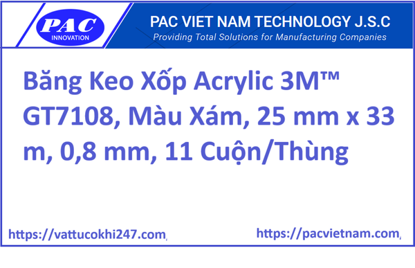 Băng Keo Xốp Acrylic 3M™ GT7108, Màu Xám, 25 mm x 33 m, 0,8 mm, 11 Cuộn/Thùng