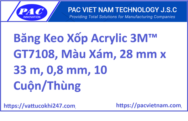 Băng Keo Xốp Acrylic 3M™ GT7108, Màu Xám, 28 mm x 33 m, 0,8 mm, 10 Cuộn/Thùng