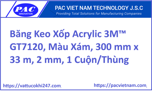 Băng Keo Xốp Acrylic 3M™ GT7120, Màu Xám, 300 mm x 33 m, 2 mm, 1 Cuộn/Thùng