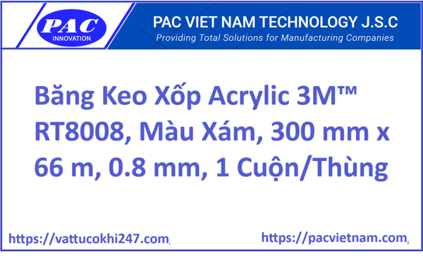 Băng Keo Xốp Acrylic 3M™ RT8008, Màu Xám, 300 mm x 66 m, 0.8 mm, 1 Cuộn/Thùng