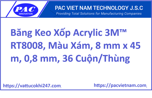 Băng Keo Xốp Acrylic 3M™ RT8008, Màu Xám, 8 mm x 45 m, 0,8 mm, 36 Cuộn/Thùng
