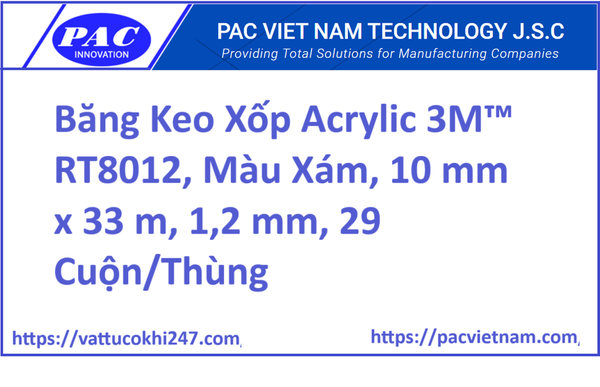 Băng Keo Xốp Acrylic 3M™ RT8012, Màu Xám, 10 mm x 33 m, 1,2 mm, 29 Cuộn/Thùng