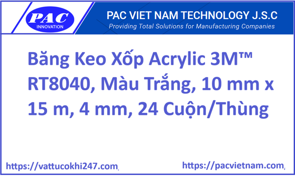 Băng Keo Xốp Acrylic 3M™ RT8040, Màu Trắng, 10 mm x 15 m, 4 mm, 24 Cuộn/Thùng