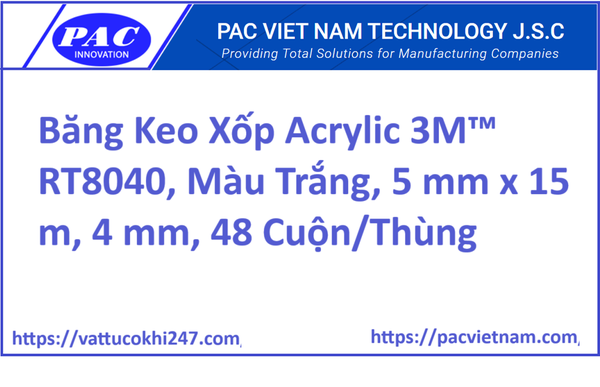 Băng Keo Xốp Acrylic 3M™ RT8040, Màu Trắng, 5 mm x 15 m, 4 mm, 48 Cuộn/Thùng