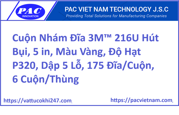 Cuộn Nhám Đĩa 3M™ 216U Hút Bụi, 5 in, Màu Vàng, Độ Hạt P320, Dập 5 Lỗ, 175 Đĩa/Cuộn, 6 Cuộn/Thùng