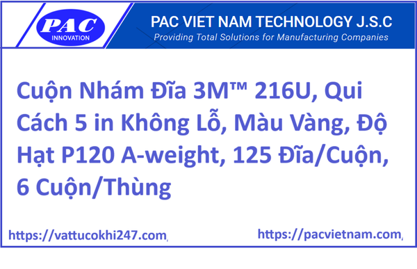 Cuộn Nhám Đĩa 3M™ 216U, Qui Cách 5 in Không Lỗ, Màu Vàng, Độ Hạt P120 A-weight, 125 Đĩa/Cuộn, 6 Cuộn/Thùng