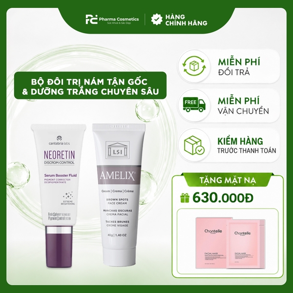 BỘ ĐÔI TRỊ NÁM TẬN GỐC & DƯỠNG TRẮNG CHUYÊN SÂU: NEORETIN BOOSTER FLUID & AMELIX FACE CREAM