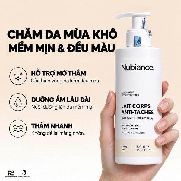 NUBIANCE LAIT CORPS ANTI-TACHES: SỮA DƯỠNG THỂ HỖ TRỢ GIẢM THÂM SẠM, DƯỠNG ẨM VÀ LÀM ĐỀU MÀU DA
