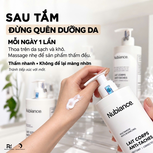 NUBIANCE LAIT CORPS ANTI-TACHES: SỮA DƯỠNG THỂ HỖ TRỢ GIẢM THÂM SẠM, DƯỠNG ẨM VÀ LÀM ĐỀU MÀU DA
