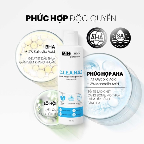 MDCARE AHAS & BHA EXFOLIATING BODY WASH / SỮA TẮM GIẢM  MỤN & TẨY TẾ BÀO CHẾT