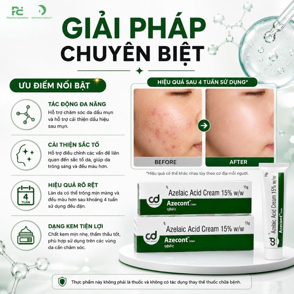 Azelaic Acid Cream 15% Azecont: Kem Điều Trị Mụn Trứng Cá, Giảm Thâm & Hiệu Chỉnh Sắc Tố Da