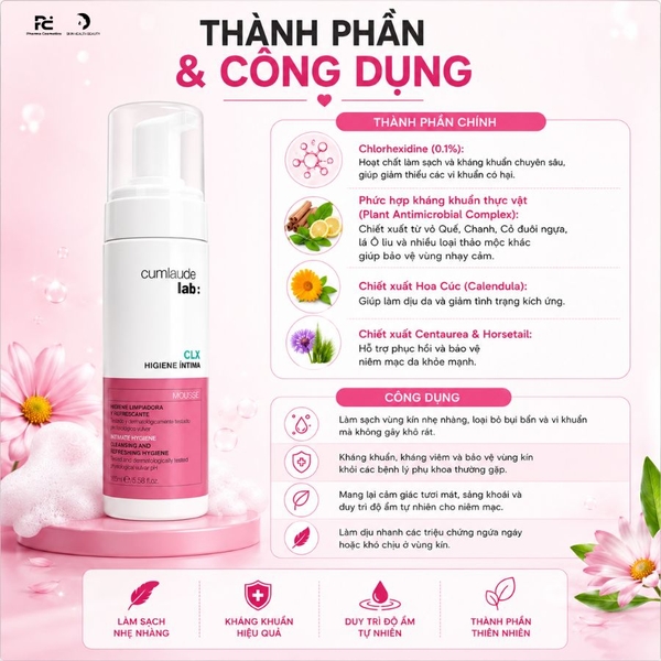 Cumlaude Lab CLX Intimate Hygiene Cleansing Mousse: Bọt Vệ Sinh Phụ Khoa  Làm Sạch Nhẹ Nhàng, Kháng Khuẩn & Bảo Vệ Vùng Kín