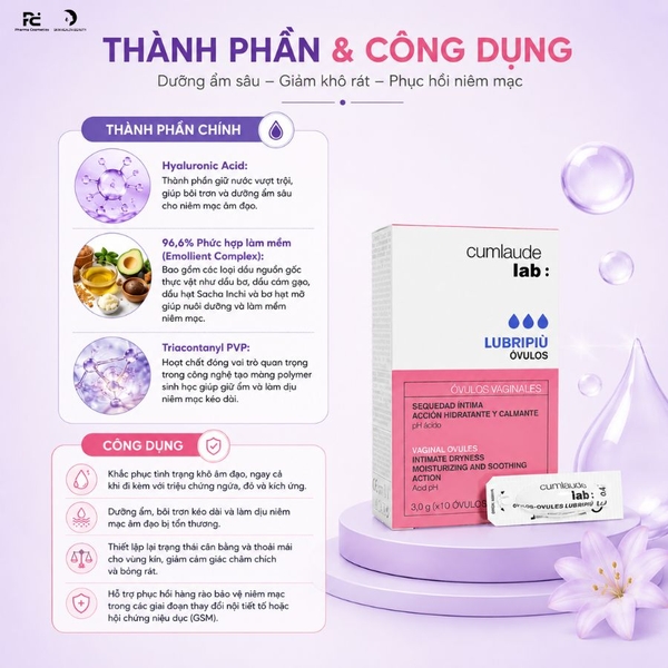 Cumlaude Lab Lubripiù Óvulos: Viên Đặt Âm Đạo Dưỡng Ẩm, Giảm Khô Rát & Phục Hồi Niêm Mạc