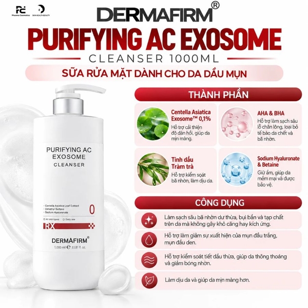 DERMAFIRM PURIFYING AC EXOSOME CLEANSER / SỮA RỬA MẶT CHO DA DẦU MỤN 1000ml