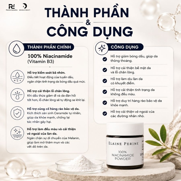 ELAINE PERINE 100% NIACINAMIDE POWDER - Bột Vitamin B3 Tinh Khiết Phục Hồi & Kiểm Soát Dầu