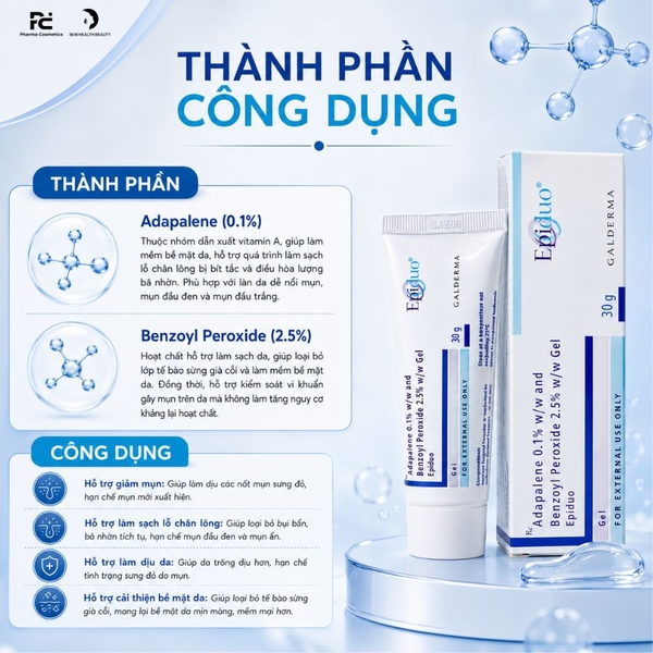 Epiduo ADAPALENE-0.1%W/W+BENZOYL PEROXIDE-2.5%W/W gel: Giải Pháp Hỗ Trợ Cải Thiện Mụn Trứng Cá, Mụn Đầu Đen Và Viêm Da Chuyên Sâu
