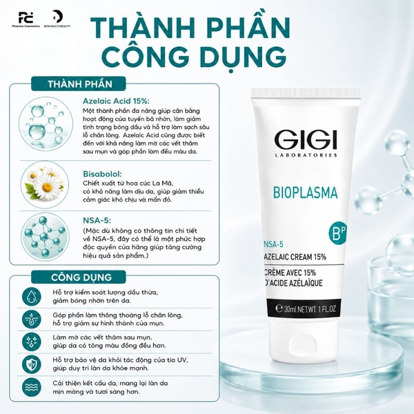 GIGI BIOPLASMA 15% AZELAIC CREAM / KEM BÔI GIÚP GIẢM MỤN, KHÁNG VIÊM, MỜ THÂM 