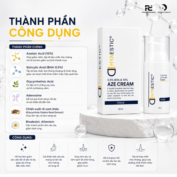 HYAESTIC 0,5% BHA & 10% AZE CREAM: Kem Dưỡng Hỗ Trợ Giảm Mụn & Sáng Da, Phục Hồi Làn Da Tươi Tắn