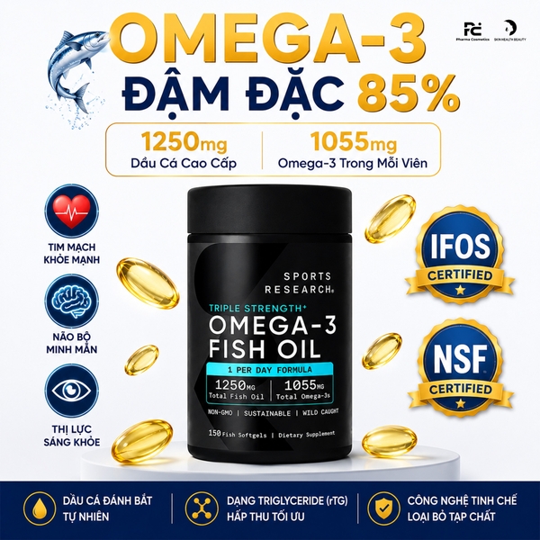 Viên Uống Dầu Cá Sports Research Triple Strength Omega 3 Fish Oil 1250mg (150 Viên)