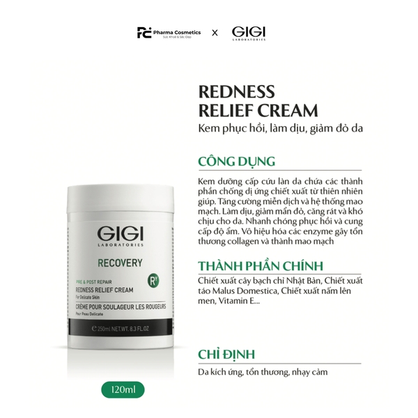 GIGI RECOVERY REDNESS RELIEF CREAM / KEM DƯỠNG PHỤC HỒI, LÀM DỊU, GIẢM ĐỎ, CẤP CỨU CHO LÀN DA KÍCH ỨNG HOẶC SAU ĐIỀU TRỊ LĂN, PHI KIM  250ml
