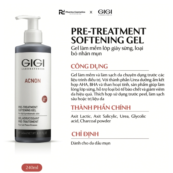 GIGI ACNON PRE - TREATMENT SOFTENING GEL / GEL TRƯỚC TRỊ LIỆU LÀM MỀM LỚP SỪNG, DƯỠNG ẨM, LÀM DỊU VÀ LÀM SẠCH CHO DA DẦU, MỤN 